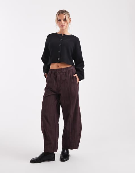 ASOS DESIGN Petite - Vasket bordeaux pull-on-bukser med tøndeformede ben og marineblå striber - view 1