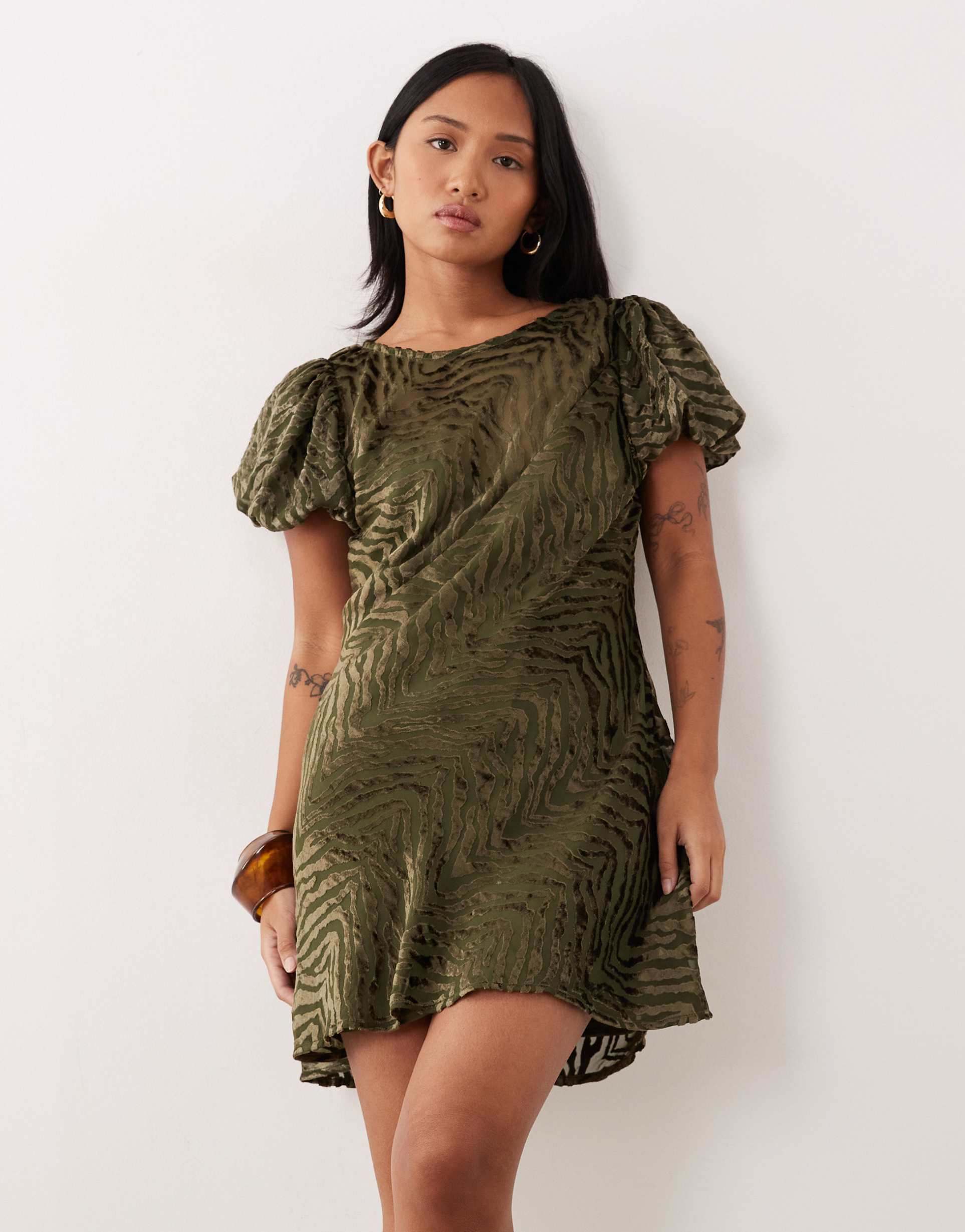 asos design petite velvet animal burnout puff sleeve mini dress in olive