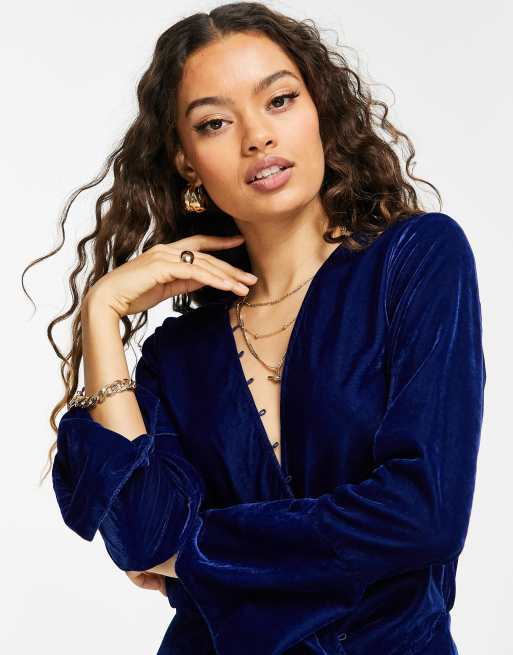 ASOS DESIGN Petite velvet bias cut drape mini dress with button detail in blue, 3 of 4