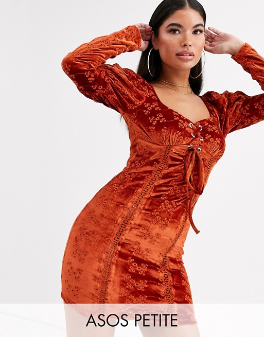 ASOS DESIGN Petite velvet broderie mini dress with lace up front in rust