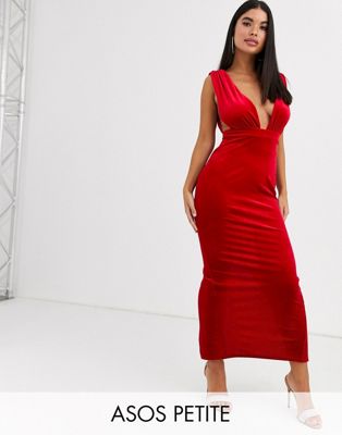ASOS DESIGN Petite velvet deep plunge maxi dress-Red