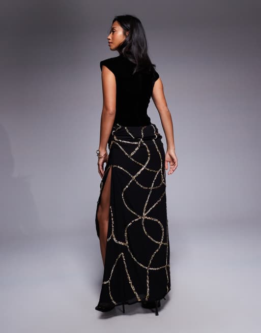 ASOS DESIGN Petite velvet fitted bodice dress with draped embellished skirt overlay in black