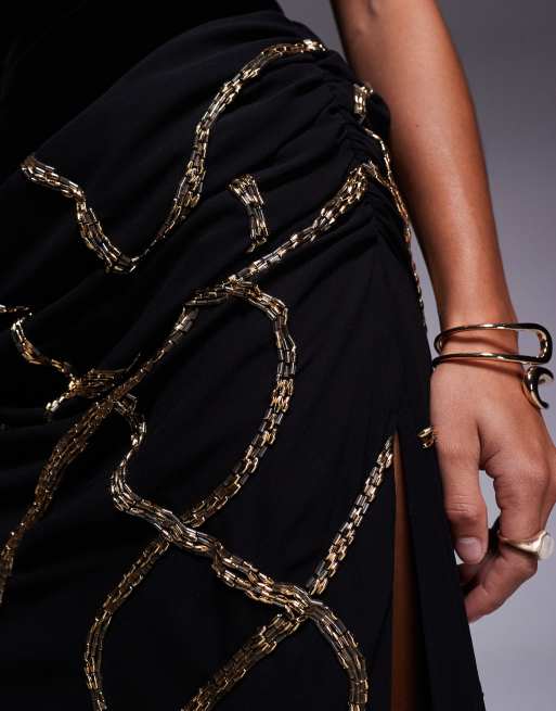 ASOS DESIGN Petite velvet fitted bodice dress with draped embellished skirt overlay in black