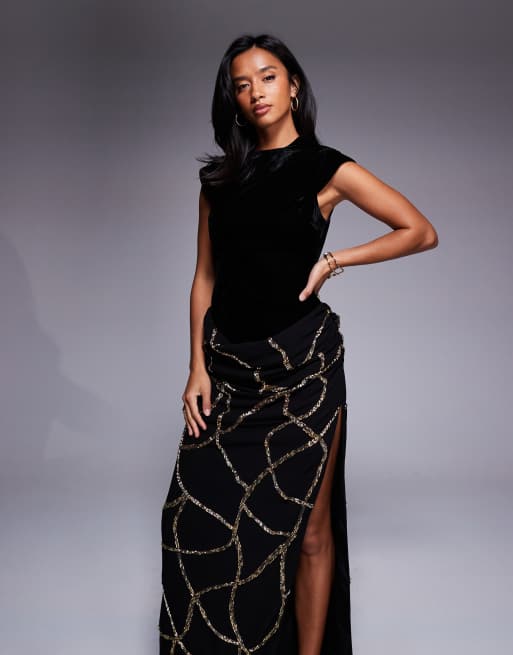 ASOS DESIGN Petite velvet fitted bodice dress with draped embellished skirt overlay in black