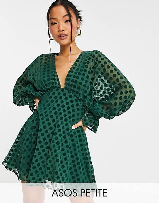 ASOS DESIGN Petite velvet flocked spot mini with blouson sleeve and elasticated cuff in forest green