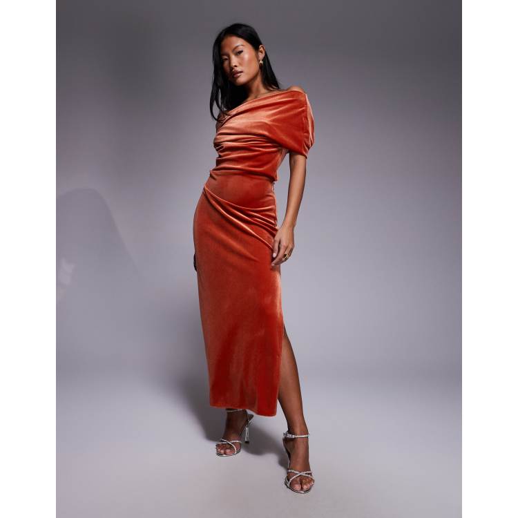 rust satin dress midi Women's Off Shoulder Satin Side Tie Midi Dress, Rust