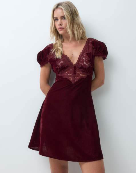 ASOS DESIGN Petite velvet mini tea dress with lace trims in burgundy - view 1
