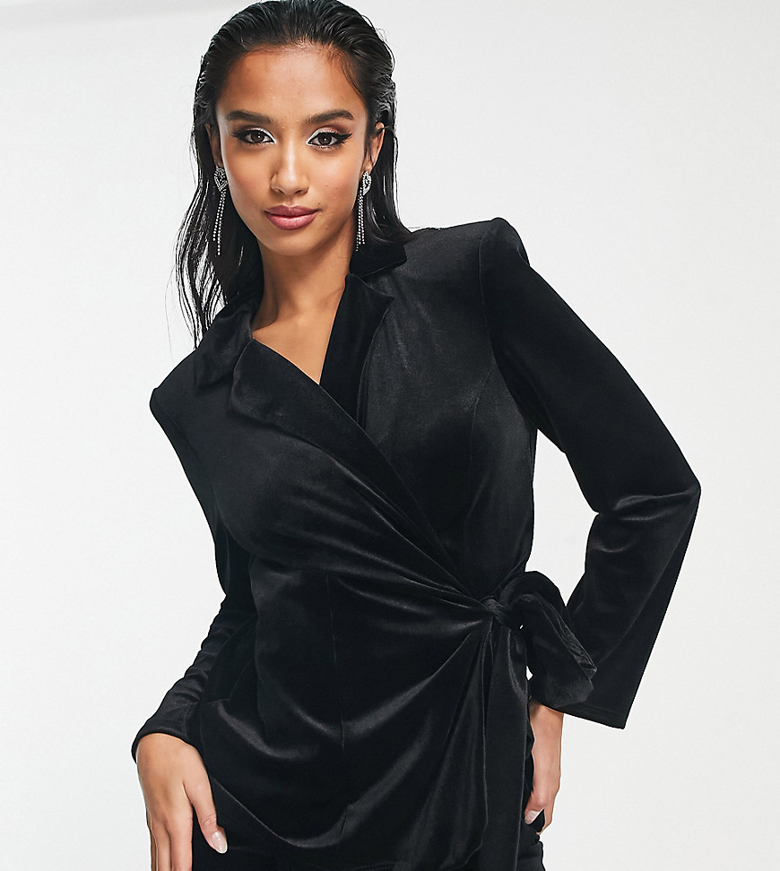 Asos Petite Asos Design Petite Velvet Suit Blazer With Side Wrap Belt In Black