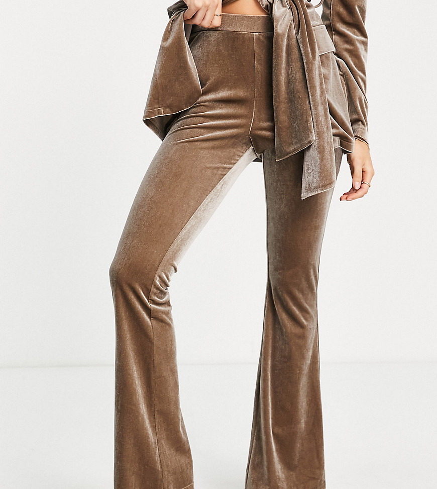 Asos Design Petite Velvet Suit Kickflare Trouser In Mink-Neutral