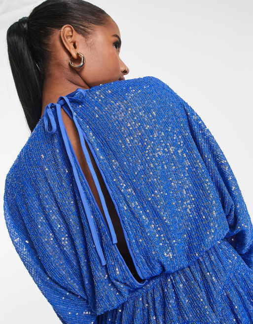 ASOS DESIGN Petite - Versierde mini-jurk met strikdetail in blauw, 3 van 4