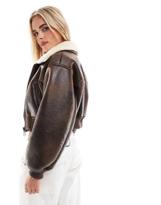 ASOS DESIGN Petite Veste flight courte Marron