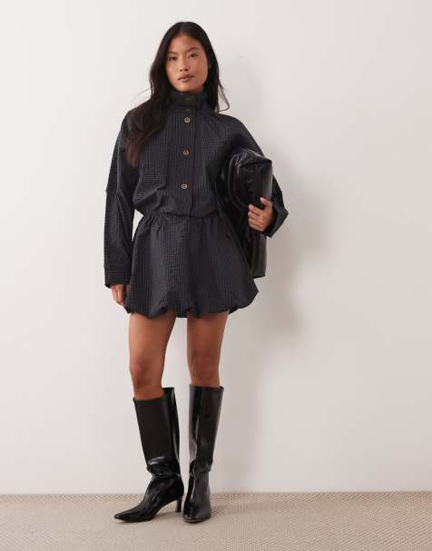 ASOS DESIGN Petite vestido mini abotonado con falda abullonada a cuadros azul marino - view 1