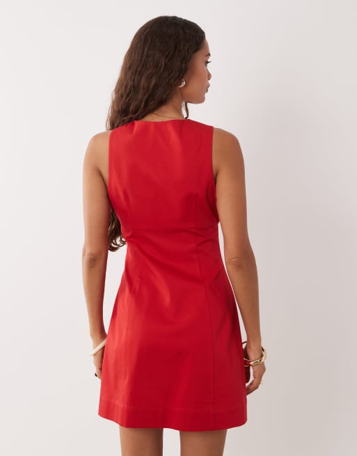 ASOS DESIGN Petite - vestido mini estructurado de algodón con cuello cuadrado en rojo tomate, 3 de 4