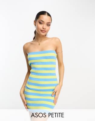 ASOS DESIGN Petite Vestito a fascia corto in maglia color lime e blu a righe