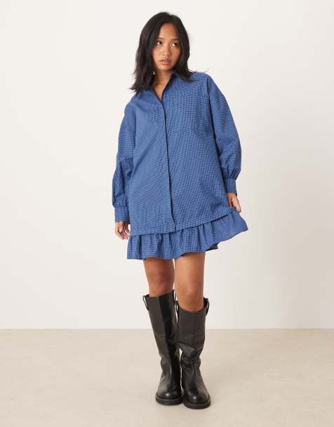 ASOS DESIGN Petite - Vestito camicia corto blu navy a quadri a maniche lunghe con orlo a volant - view 1