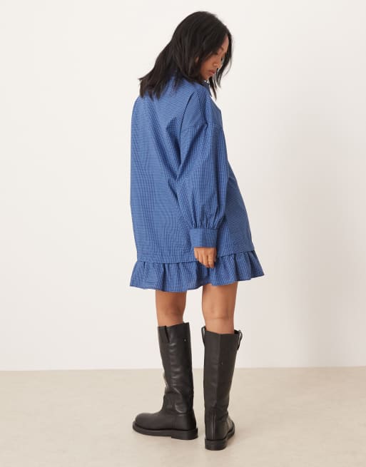 ASOS DESIGN Petite - Vestito camicia corto blu navy a quadri a maniche lunghe con orlo a volant, 2 di 4