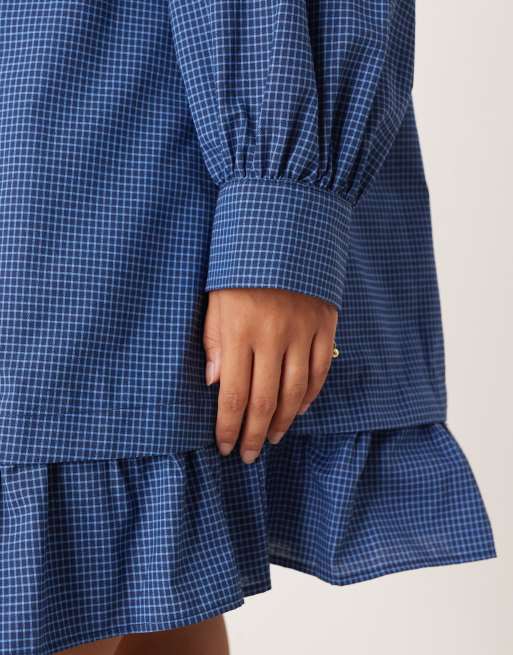 ASOS DESIGN Petite - Vestito camicia corto blu navy a quadri a maniche lunghe con orlo a volant, 3 di 4