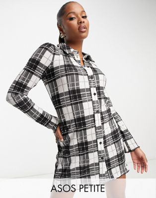 ASOS DESIGN Petite plisse long sleeve mini shirt dress in check - ASOS Price Checker