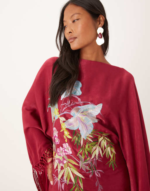 ASOS DESIGN Petite - Vestito corto a maniche lunghe rosa con fiori ricamati e frange, 4 di 4