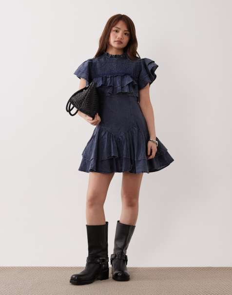 ASOS DESIGN Petite - Vestito corto accollato con volant e arricciature lavaggio blu navy - view 1