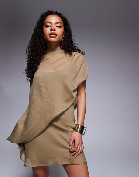 ASOS DESIGN Petite - Vestito corto asimmetrico color talpa drappeggiato accollato con cut-out - view 1