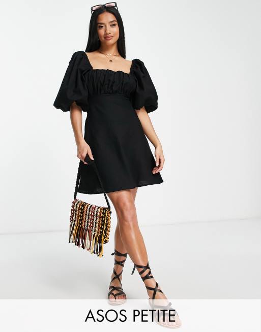 ASOS DESIGN Petite - Vestito corto con scollo squadrato in lino con dettaglio elasticizzato nero