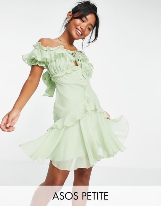 ASOS DESIGN Petite - Vestito corto con spalle scoperte color menta con bottoni e volant