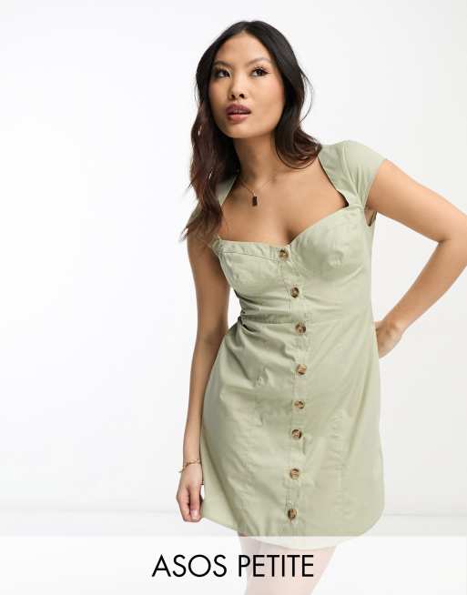 FhyzicsShops DESIGN Petite - Vestito corto in twill verde salvia con coppe e bottoni