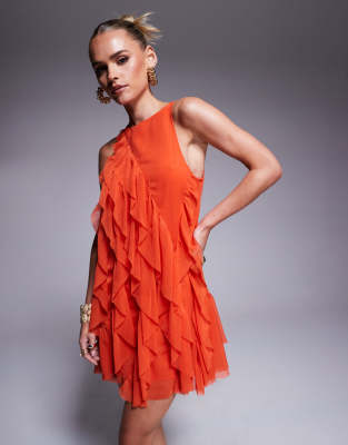 ASOS DESIGN Petite - Vestito corto rosso acceso con volant e scollo a vogatore asimmetrico - view 1