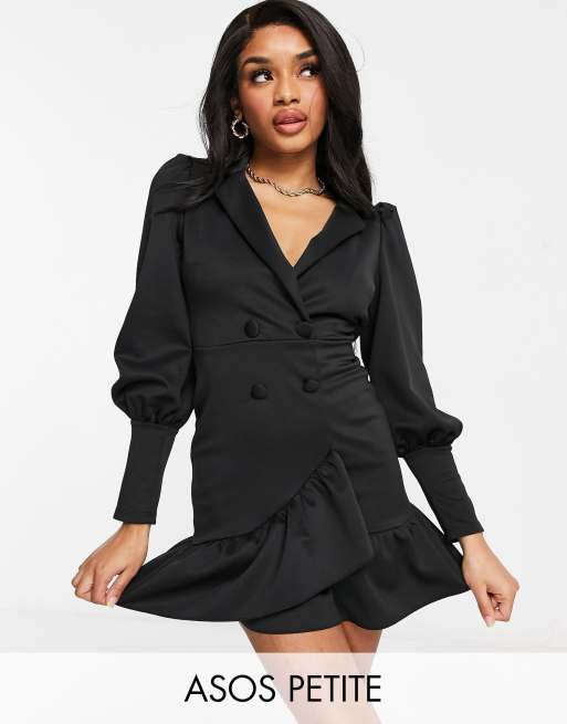 ASOS DESIGN Petite - Vestito corto stile smoking nero con davanti a portafoglio e fondo svasato
