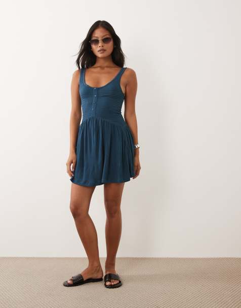 ASOS DESIGN Petite - Vestito corto stropicciato blu denim con bottoni - view 1