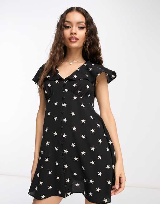 ASOS DESIGN Petite Vestito da giorno corto a stelline con bottoni e maniche con volant