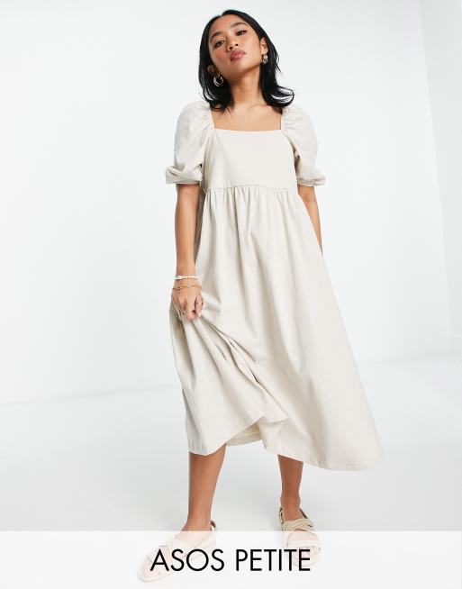 ASOS DESIGN Petite - Vestito grembiule raccolto in vita color pietra con scollo squadrato e maniche a sbuffo
