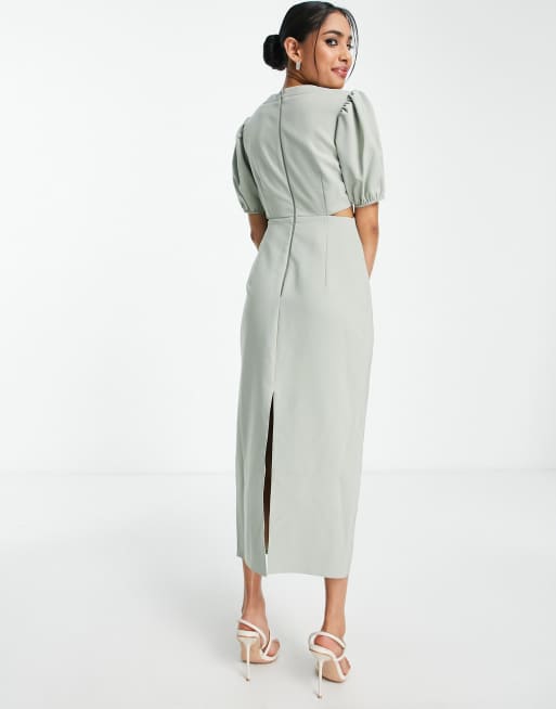 ASOS DESIGN Petite - Vestito longuette midi verde salvia con cut-out, 4 di 4
