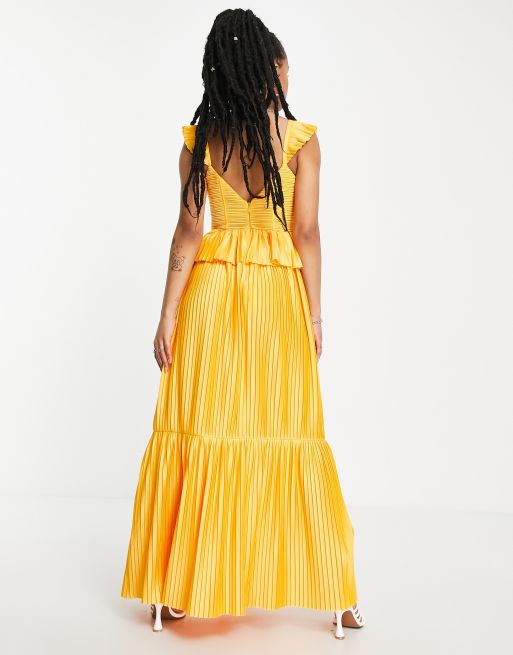 ASOS DESIGN Petite - Vestito lungo a corsetto con gonna a pieghe a balze giallo calendula, 2 di 4