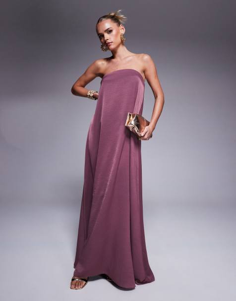 ASOS DESIGN Petite - Vestito lungo a fascia svasato in raso color malva scuro - view 1