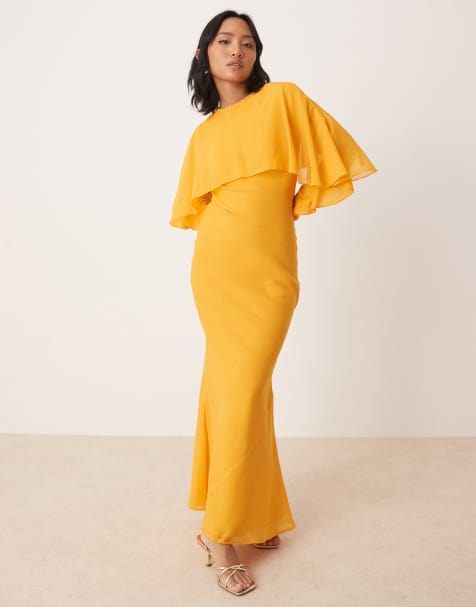 ASOS DESIGN Petite - Vestito lungo a maniche lunghe arancione con taglio sbieco, volant e mantella - view 1