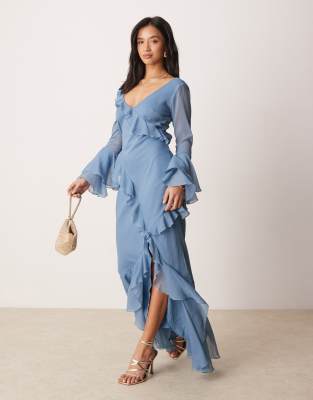 Abito da donna con stampa floreale boho a maniche lunghe avvolgere con scollo a V volant cintura a linea A fluente maxi abiti stretti da donna, Azzurro, S