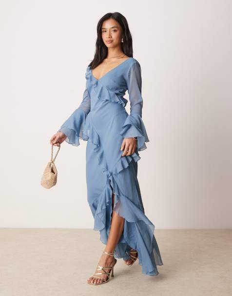 ASOS DESIGN Petite - Vestito lungo a maniche lunghe blu con scollo a V, volant e cut-out - view 1