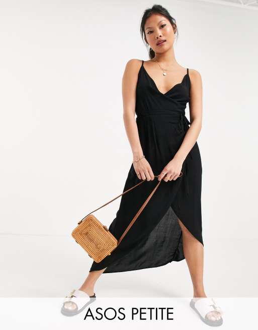 ASOS DESIGN Petite - Vestito lungo a portafoglio nero con spalline sottili