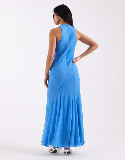 ASOS DESIGN Petite - Vestito lungo blu acceso con scollo a vogatore e taglio sbieco con fondo godet, 2 di 4