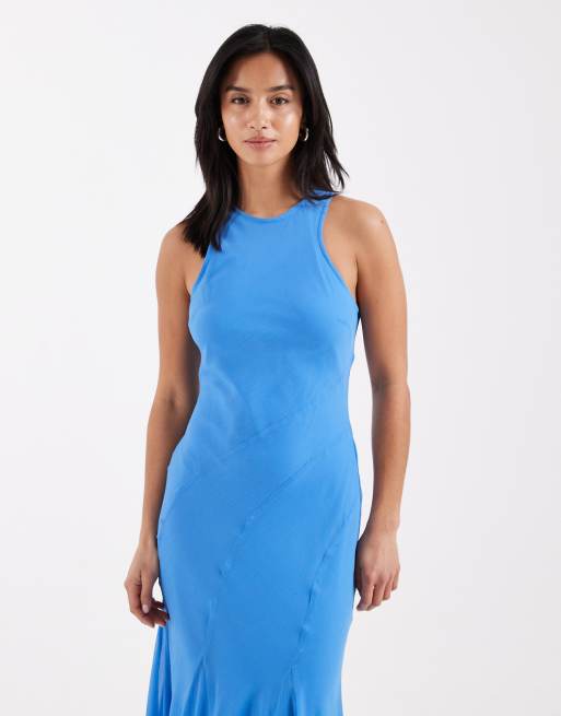 ASOS DESIGN Petite - Vestito lungo blu acceso con scollo a vogatore e taglio sbieco con fondo godet, 3 di 4