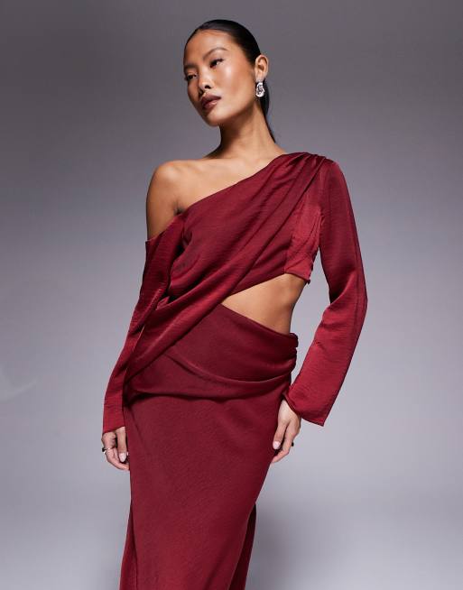ASOS DESIGN Petite - Vestito lungo bordeaux con spalle scese e cut out in vita, 2 di 4