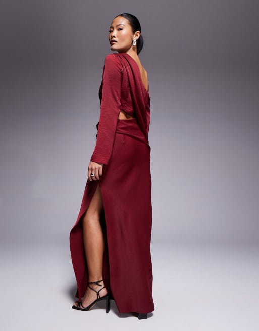 ASOS DESIGN Petite - Vestito lungo bordeaux con spalle scese e cut out in vita, 4 di 4