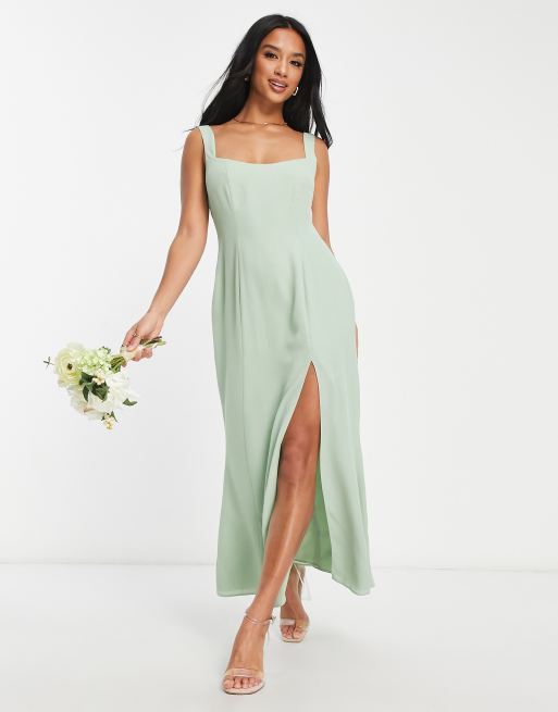 ASOS DESIGN Petite - Vestito lungo da damigella verde salvia con bottoni sul retro e scollo a cuore, 4 di 4