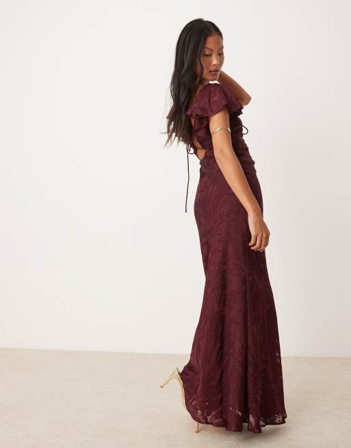 ASOS DESIGN Petite Vestito lungo devore con maniche con volant color melanzana ASOS