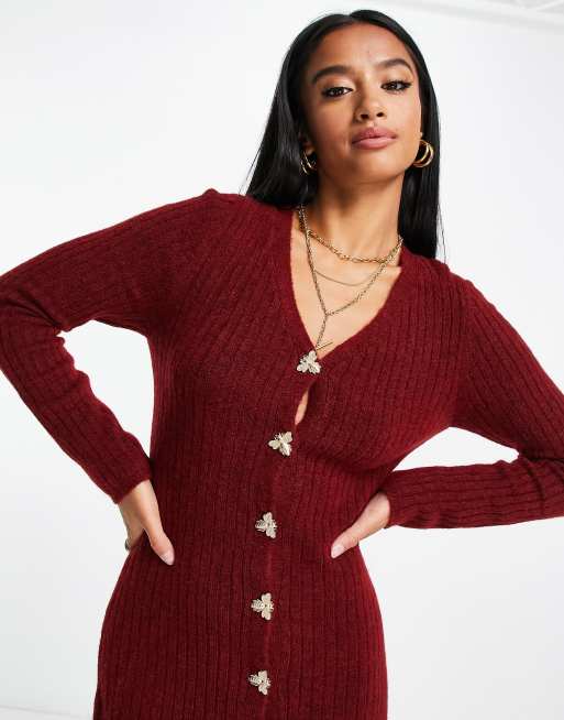 ASOS DESIGN Petite - Vestito lungo in maglia a coste con bottoni rosso scuro, 3 di 4
