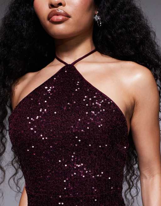 ASOS DESIGN Petite - Vestito lungo in paillettes bordeaux allacciato al collo, 2 di 4