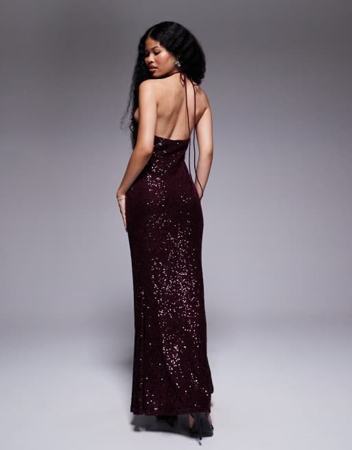 ASOS DESIGN Petite - Vestito lungo in paillettes bordeaux allacciato al collo, 3 di 4