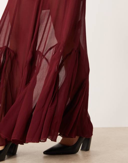ASOS DESIGN Petite - Vestito lungo in velluto bordeaux con gonna godet trasparente e vita scesa, 3 di 4